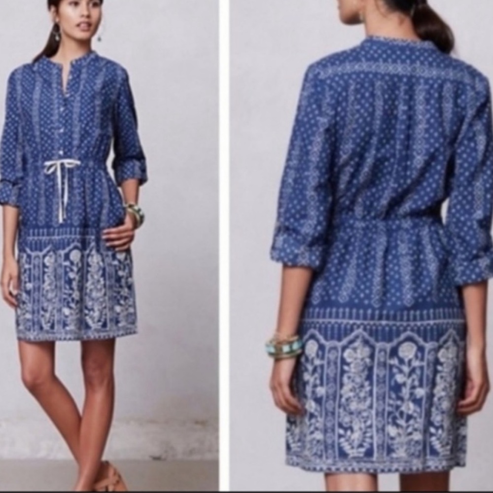 Anthropologie Meadow Rue Anila Button Front Dress Drawstring Waist Blue Sz 0